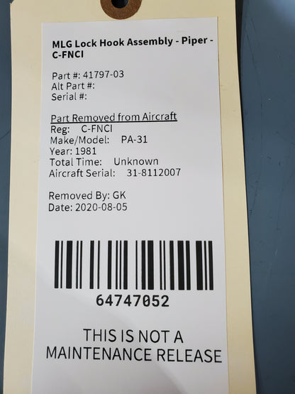 MLG Lock Hook Assembly - Piper - C-FNCI
