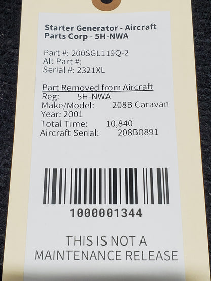 Starter Generator - W/ CERT -Aircraft Parts Corp - 5H-NWA