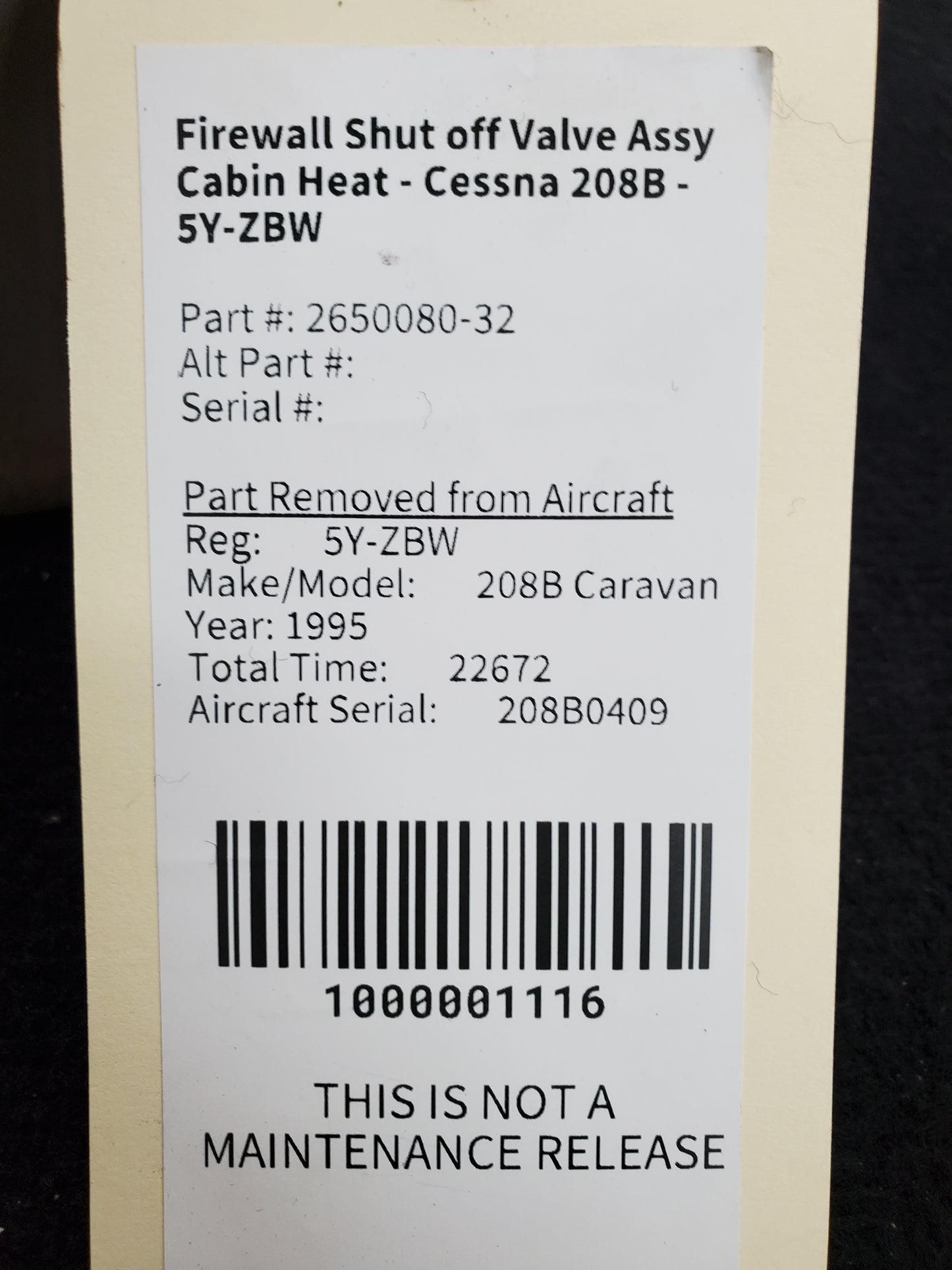 Firewall Shut off Valve Assy Cabin Heat - Cessna 208B - 5Y-ZBW