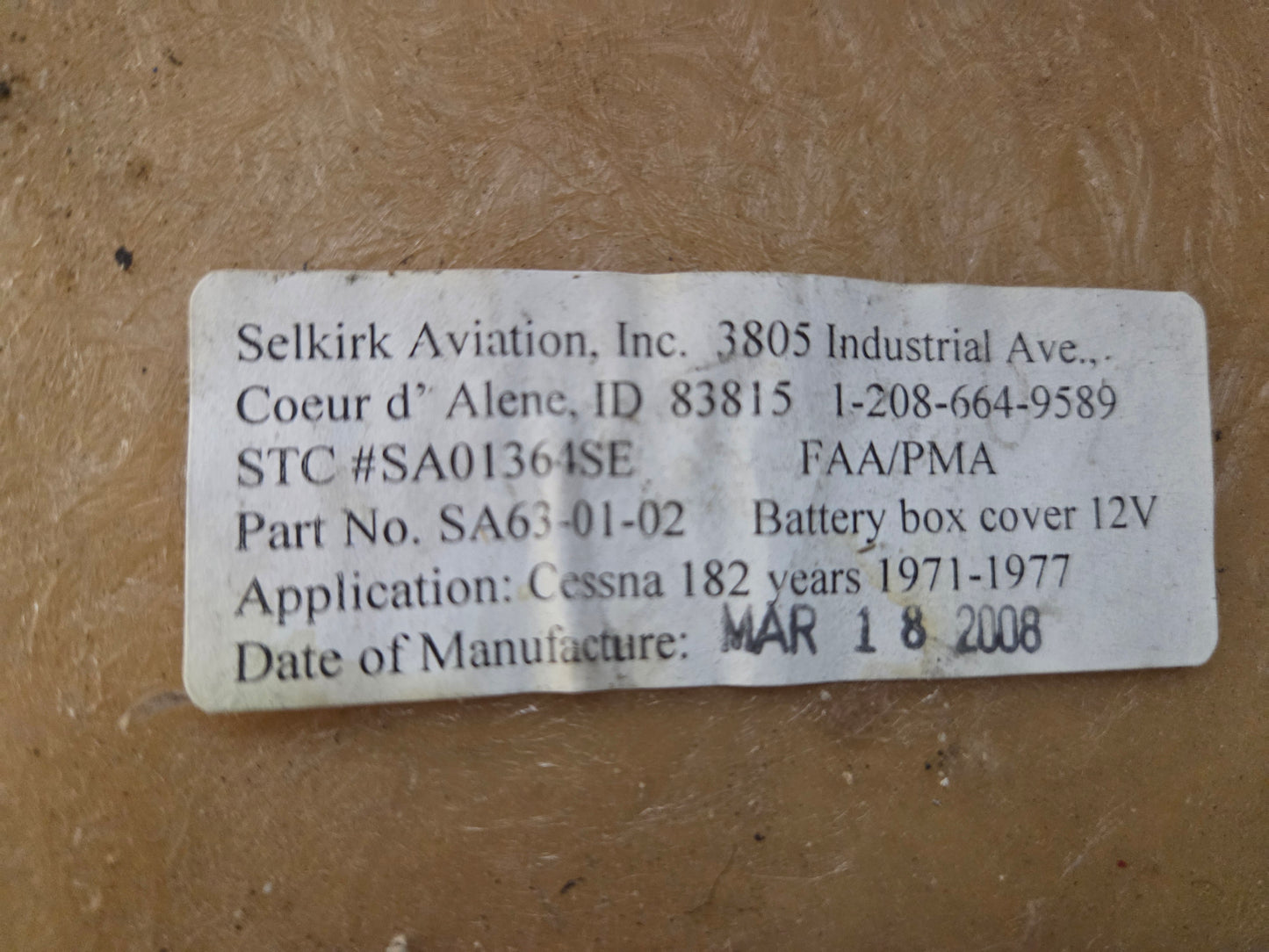 Battery Box Cover - Cessna 182 STC - C-GROC