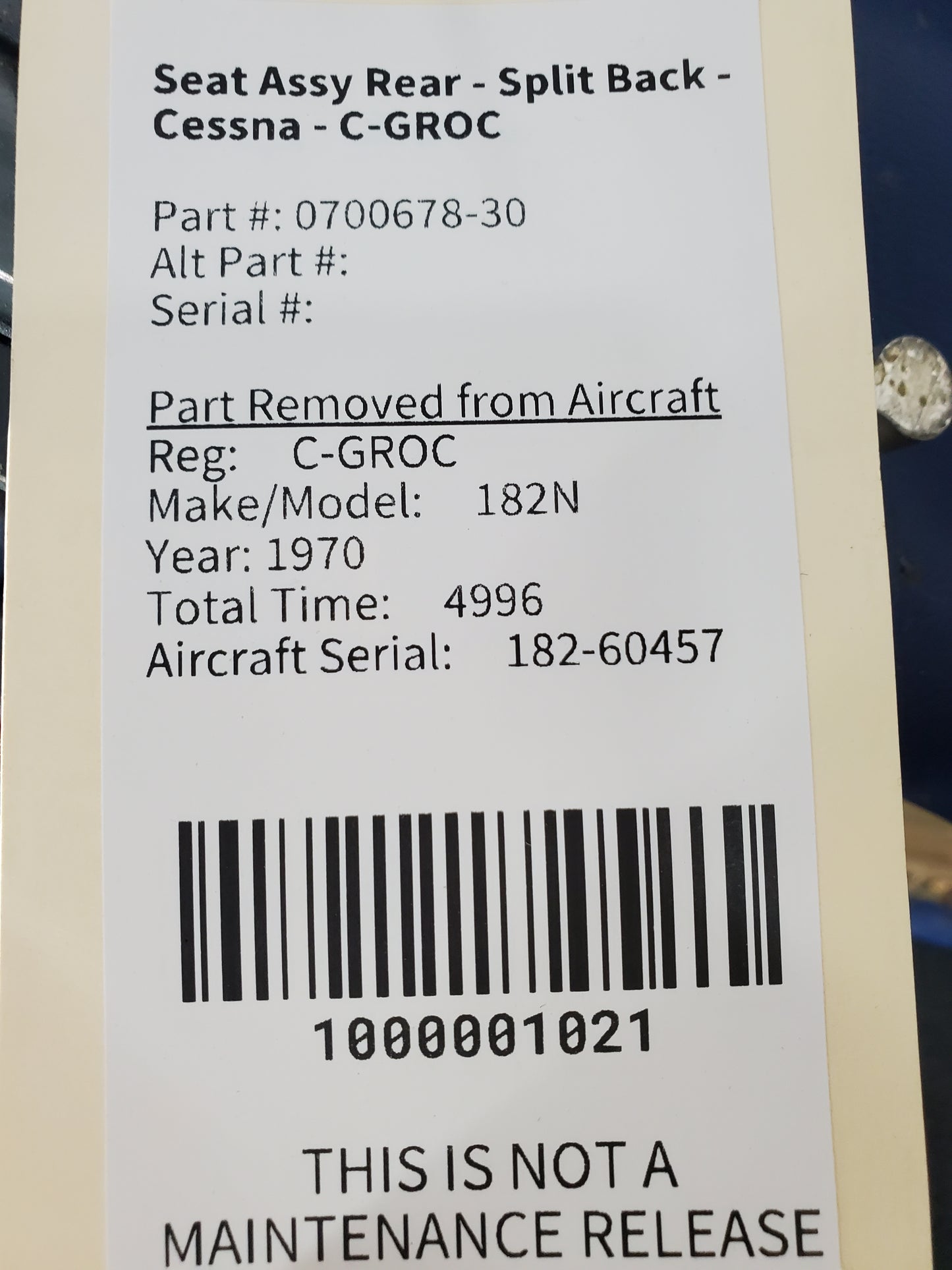 Seat Assy Rear - Split Back - Cessna - C-GROC