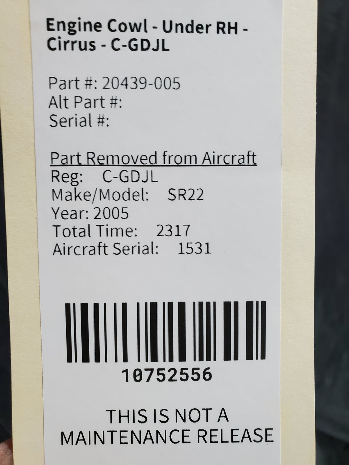 Engine Cowl - Lower RH - Cirrus - C-GDJL