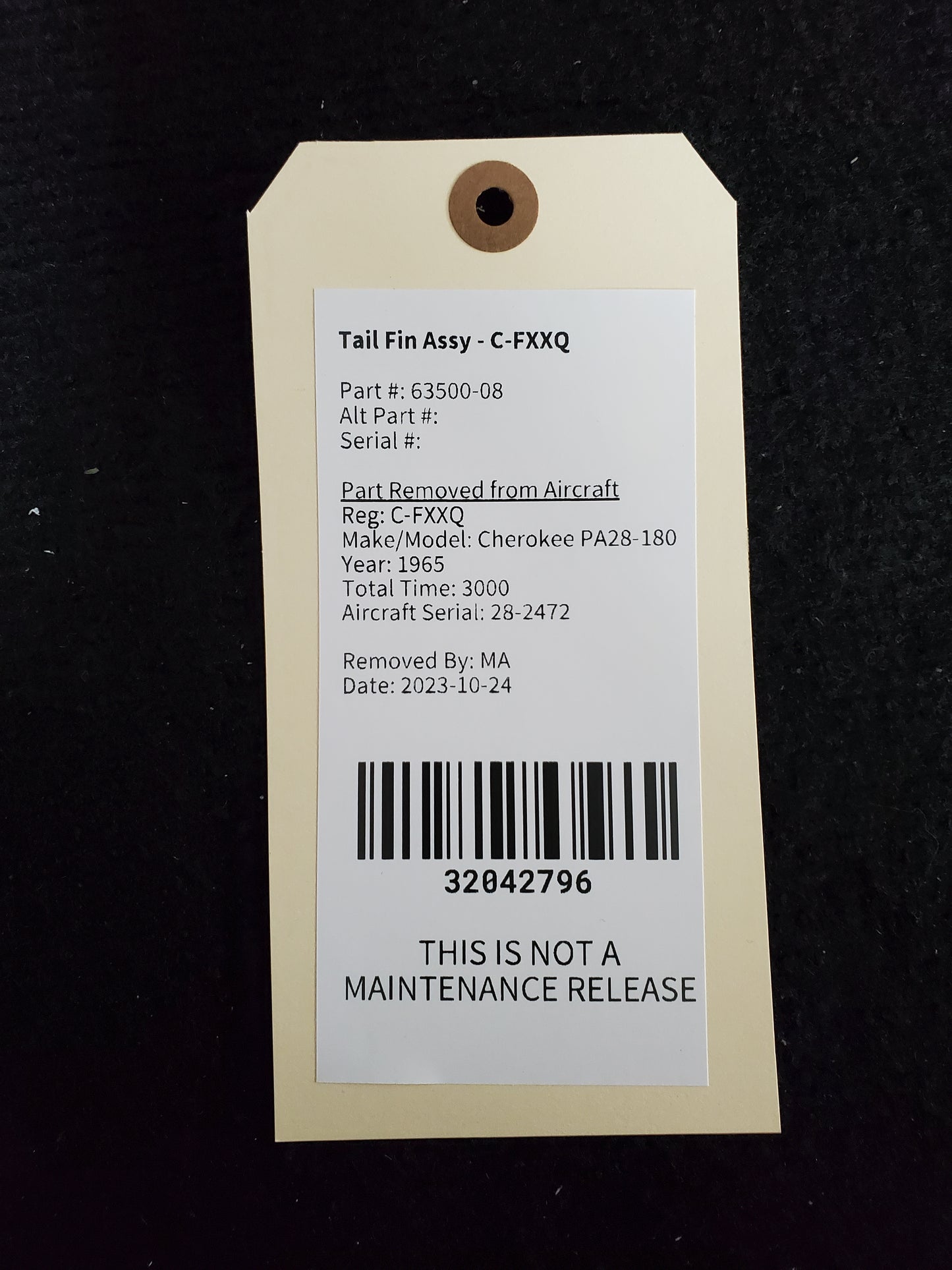 Tail Fin Assy - Piper - C-FXXQ